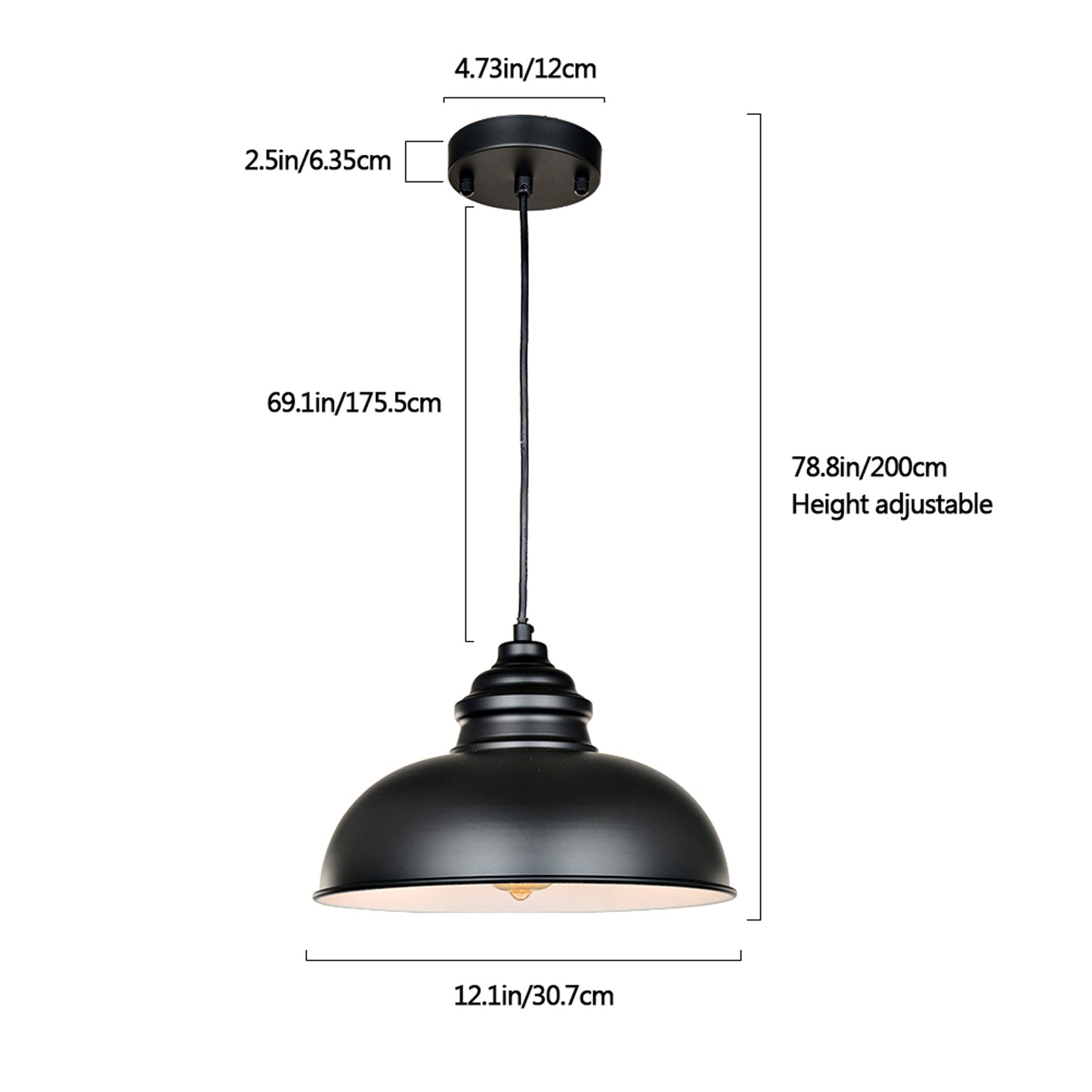 Black 12" Adjustable Pendant Light with Small Dome