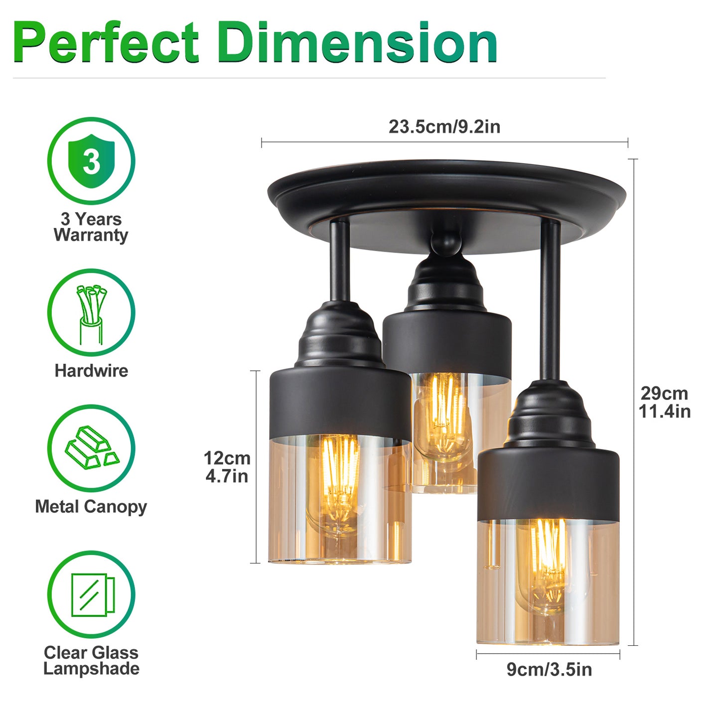 3-Light Semi Black Flush Mount Ceiling Light