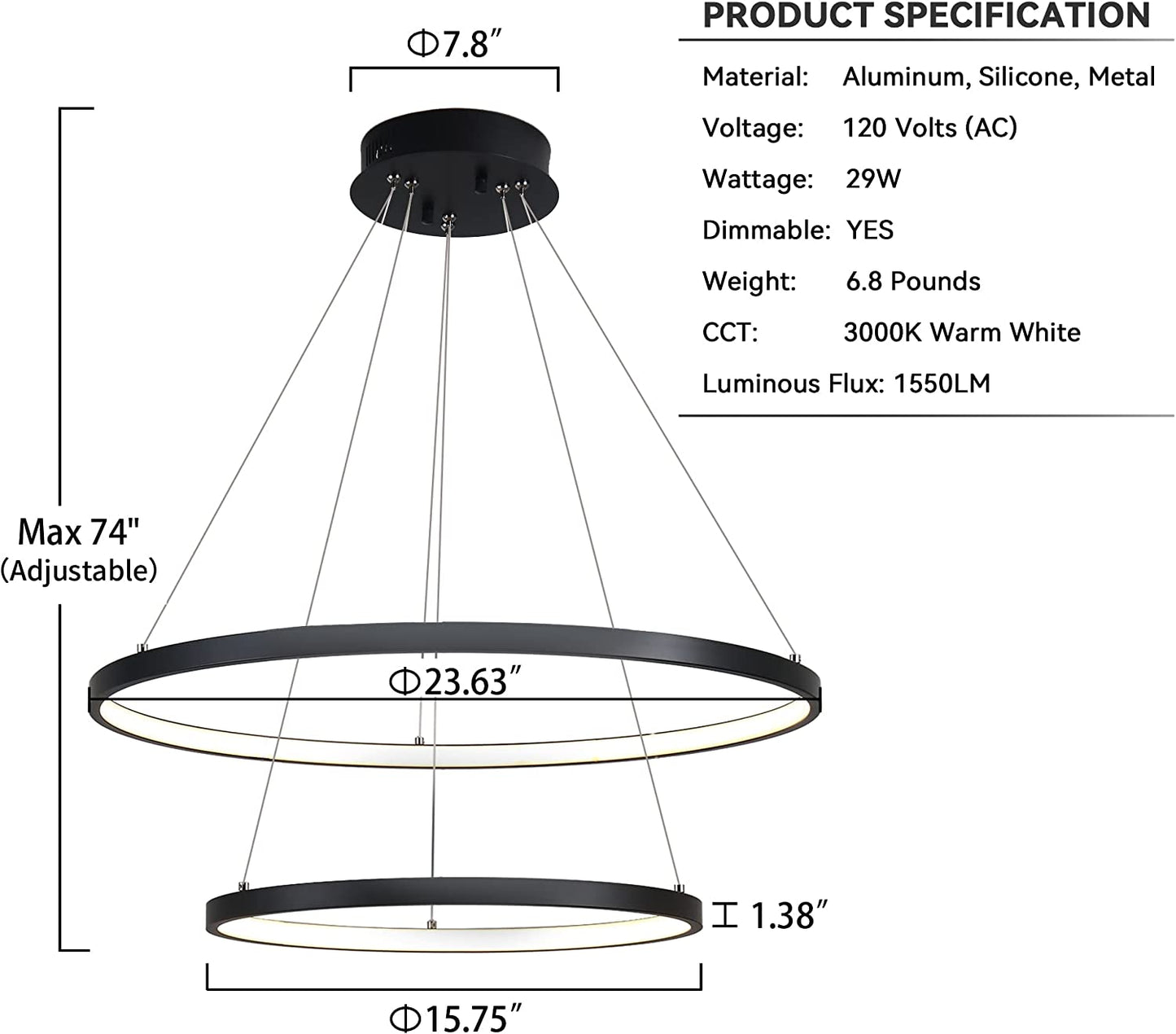 Chandelier Dimmable 2 Rings Pendant Light with Remote Control