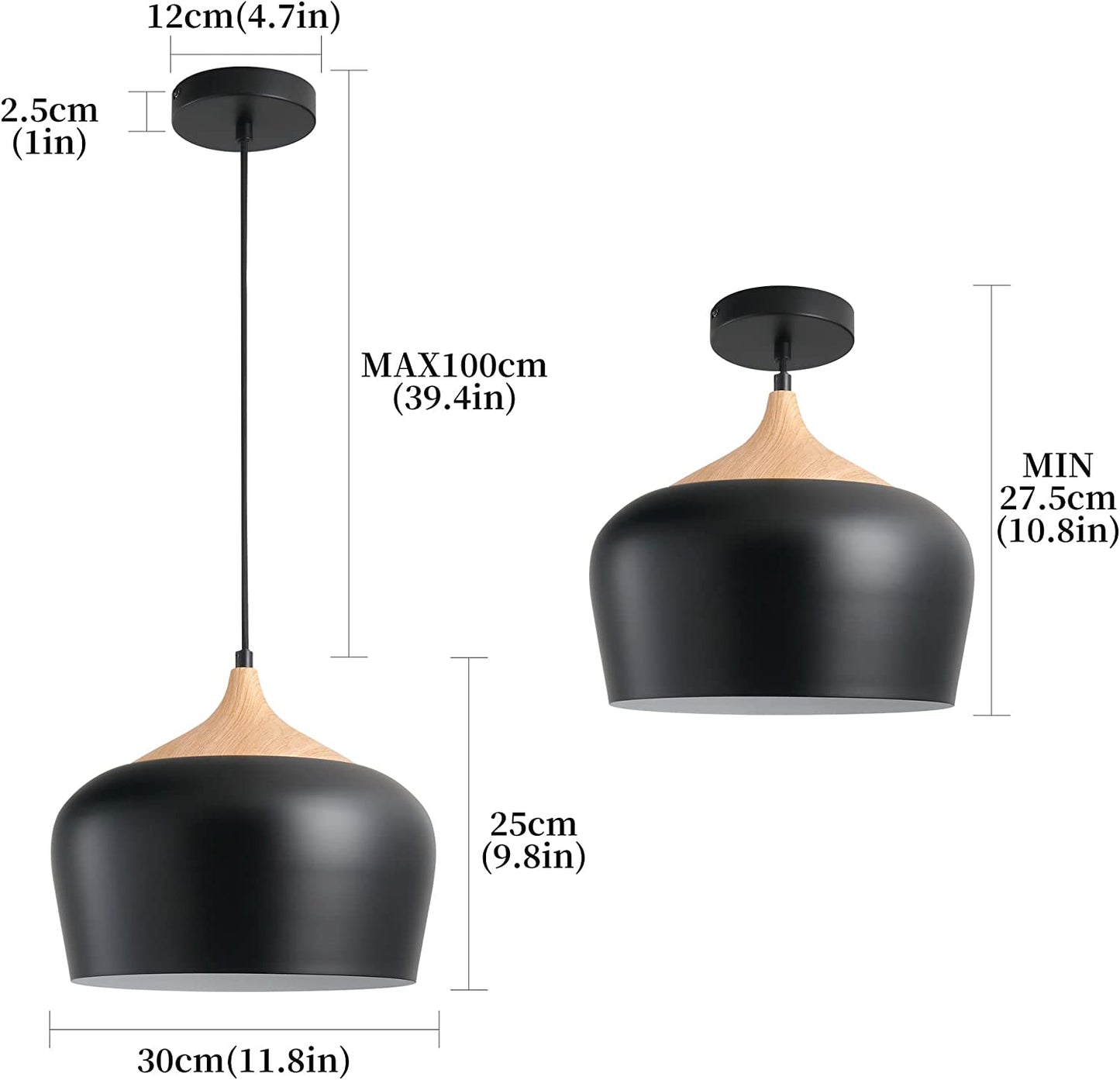 1Pack Black 12 Inch Modern Black Pendant Lights with Big Metal Dome Shade