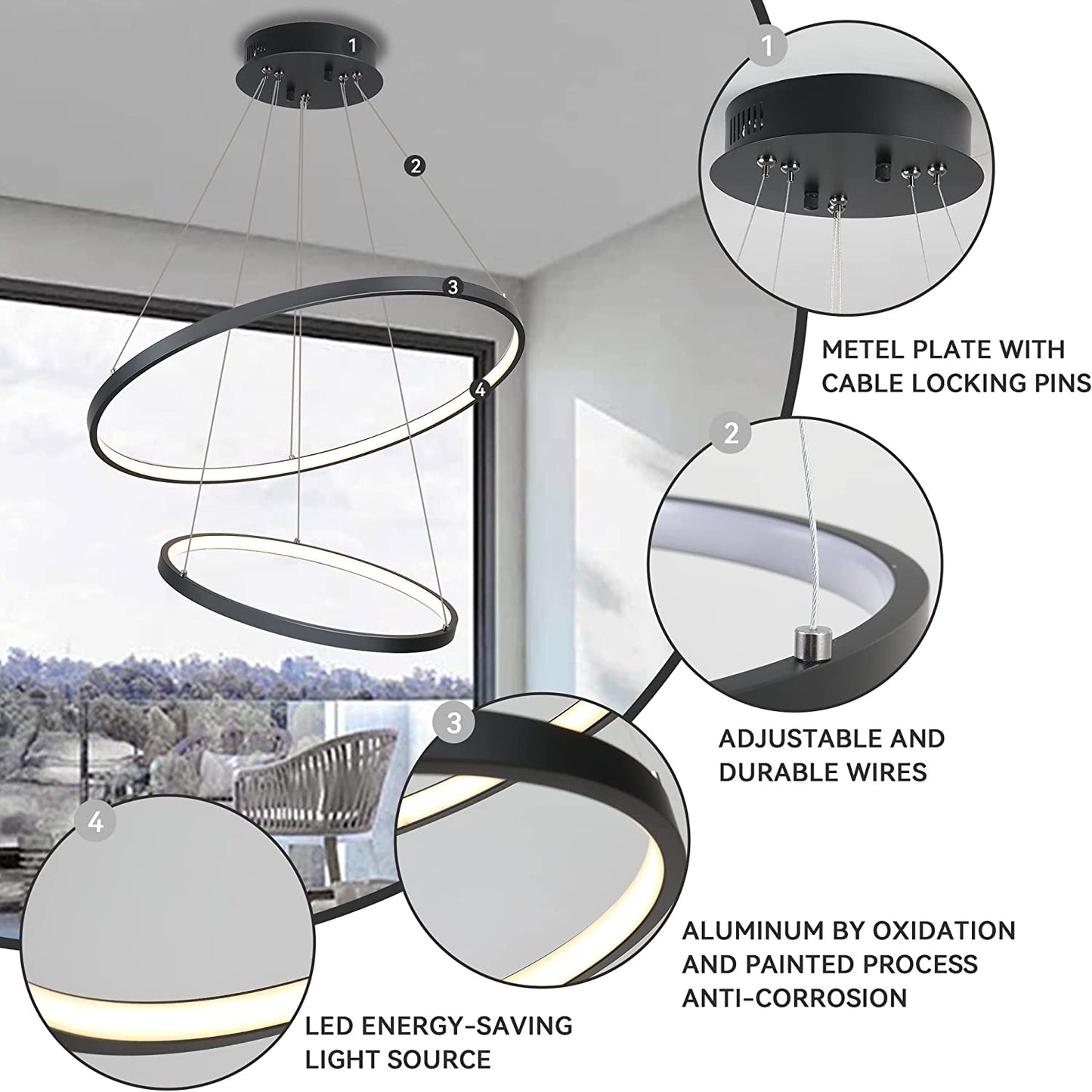 Chandelier Dimmable 2 Rings Pendant Light with Remote Control