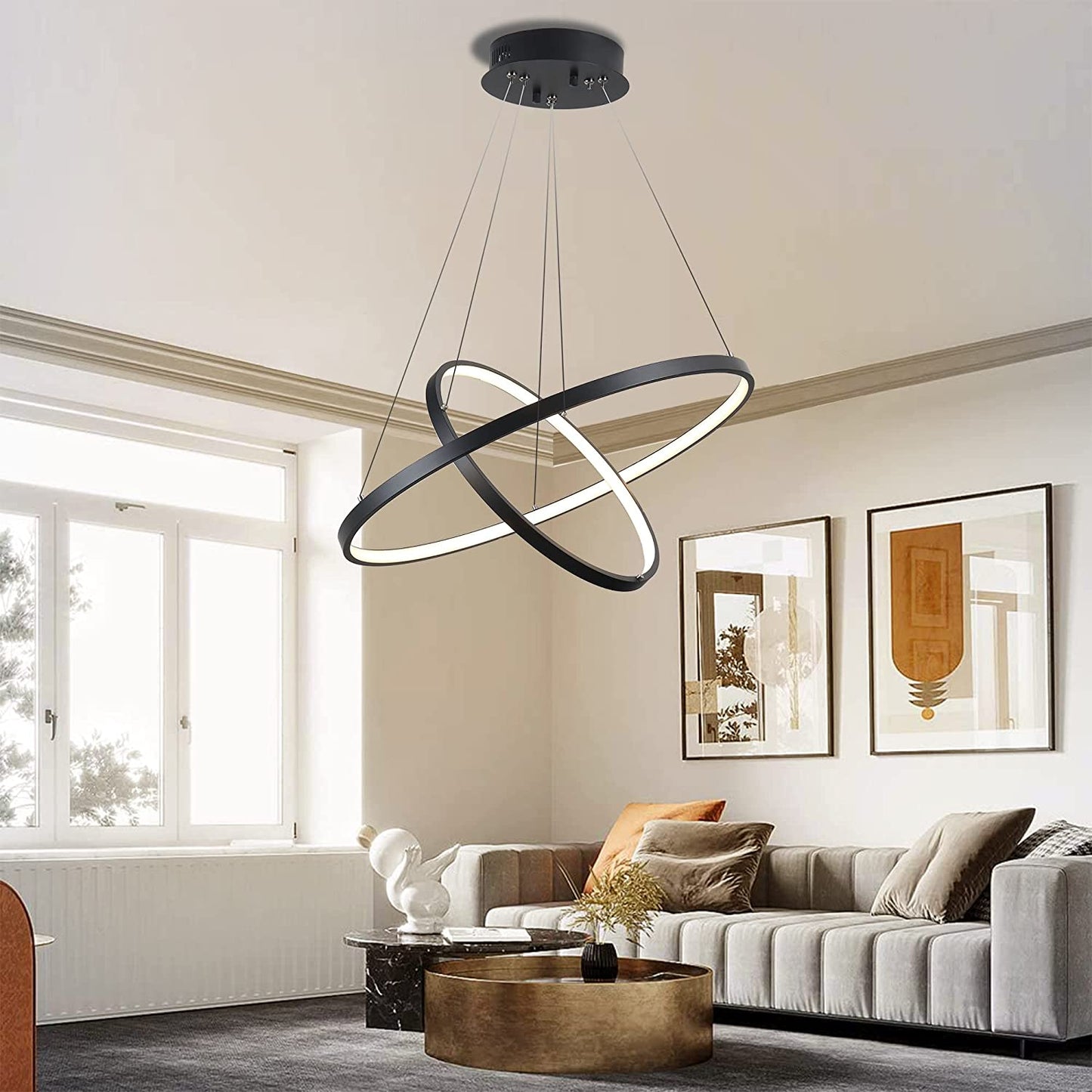 Chandelier Dimmable 2 Rings Pendant Light with Remote Control